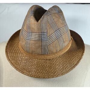 Vintage Borsalino Plaid Tweed Fedora Hat w/Straw Brim size S/M